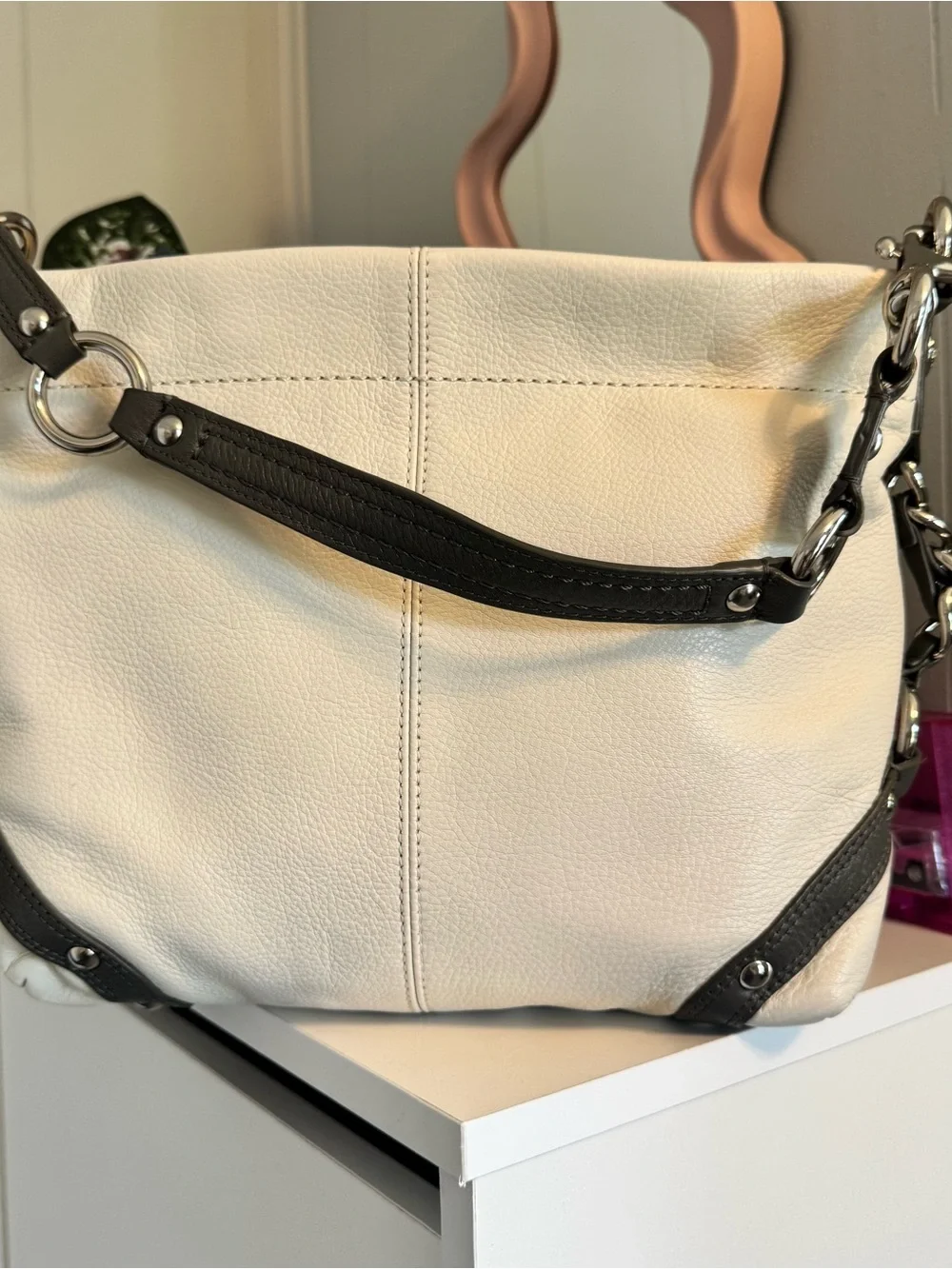 Coach Cream Leather Shoulder Bag with Black Trim